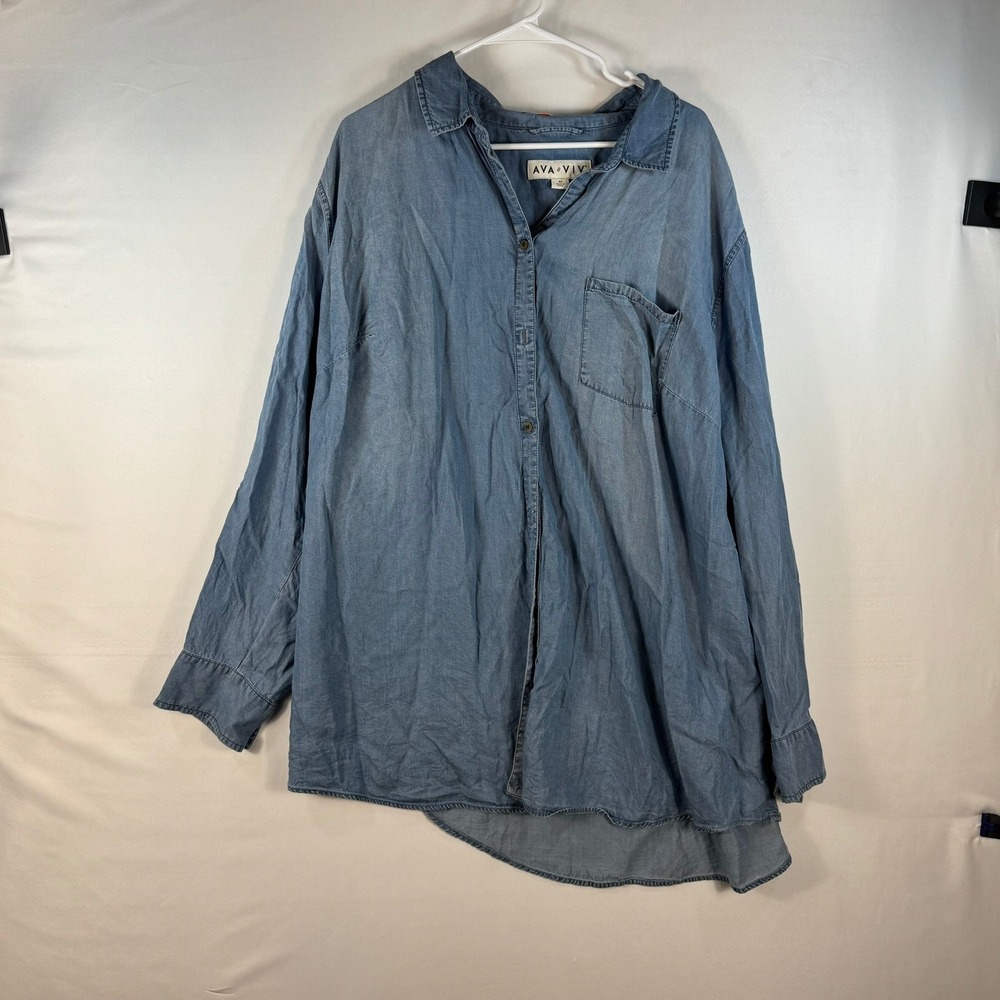 Ava & Viv Women 4X Blue Chambray Button Down Shirt Tencel Lyocell Long Sleeve